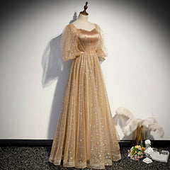 Champagne Tulle Chich Long Puffy Sleeves Party Dresses Formal Dresses, A-line Tulle Prom Dresses