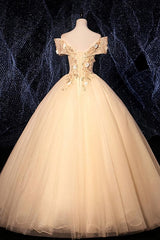 Champagne Tulle Flowers  Off Shoulder Sweet 16 Party Dress, Long Prom Dress, Formal Gown