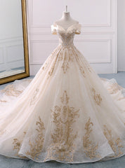 Champagne Tulle Gold Appliques Off The Shoulder Wedding Dresses