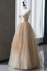 Champagne Tulle Gradient Tulle Straps Long Evening Dress, Charming Formal Gown