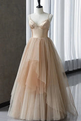 Champagne Tulle Gradient Tulle Straps Long Evening Dress, Charming Formal Gown