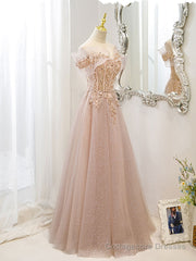 Champagne Tulle Lace A line Long Prom Dress, Lace Champagne Evening Dress