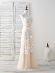 Champagne Tulle Lace Applique Long Prom Dress Champagne Evening Dress