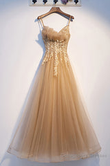 Champagne tulle lace long prom dress champagne formal dress