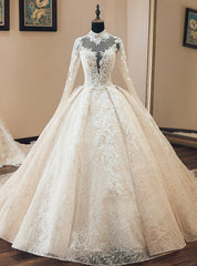 Champagne Tulle Lace Long Sleeve High Neck Backless Wedding Dresses With Pearls