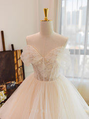 Champagne Tulle Lace Long Wedding Dress, Lace Tulle Wedding Gown