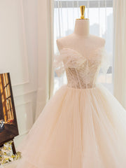 Champagne Tulle Lace Long Wedding Dress, Lace Tulle Wedding Gown