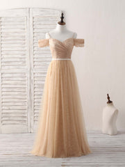 Champagne Tulle Long Bridesmaid Dress, Champagne Prom Dresses