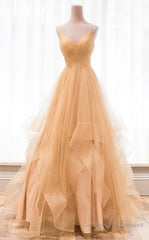 Champagne tulle long prom dress, champagne evening dress