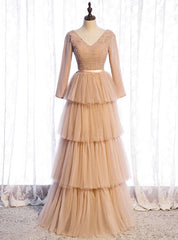 Champagne Tulle Long Sleeve V-neck Pleats Prom Dresses