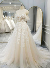 Champagne Tulle Off the Shoulder Appliques Wedding Dresses