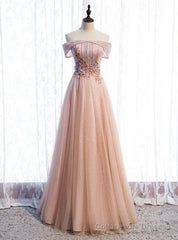 Champagne Tulle Off the Shoulder Beading Prom Dress