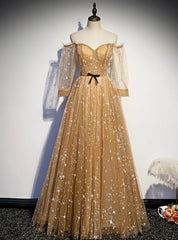 Champagne Tulle Off the Shoulder Embroidery Long Sleeve Prom Dresses