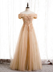 Champagne Tulle Off the Shoulder Embroidery Off the Shoulder Prom Dresses