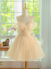 Champagne Tulle Off the Shoulder Pleats Homecoming Dresses