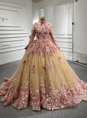 Champagne Tulle Pink 3D Appliques Long Sleeve Prom Dresses