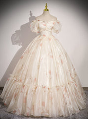 Champagne Tulle Print Off the Shoulder Beading Quinceanera Dresses