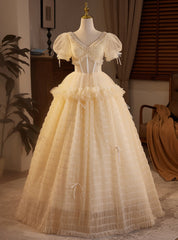 Champagne Tulle Puff Sleeve Beading Wedding Dresses