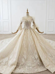 Champagne Tulle Sequins Appliques Beading Feather Puff Sleeve Wedding Dresses