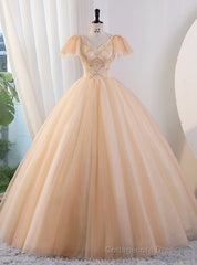 Champagne Tulle Sequins Beading Quinceanera Dress