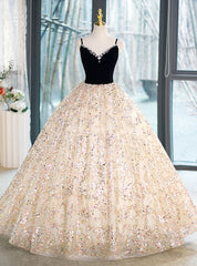 Champagne Tulle Sequins Black Velvet Crystal Quinceanera Dresses