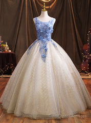 Champagne Tulle Sequins Blue Appliques Quinceanera Dresses