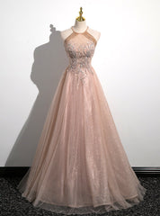 Champagne Tulle Sequins Halter Beading Prom Dresses