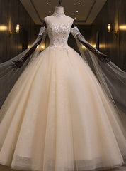 Champagne Tulle Sequins High Neck Beading Quinceanera Dresses