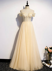 Champagne Tulle Sequins Off the Shoulder Pearls Prom Dresses