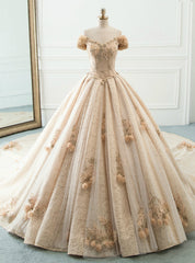 Champagne Tulle Sequins Off The Shoulder With Long Train Wedding Dresses