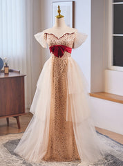 Champagne Tulle Sequins Pearls Prom Dresses