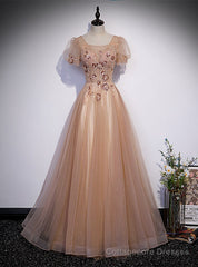 Champagne Tulle Sequins Short Sleeve Beading Sequins Prom Dress