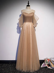 Champagne Tulle Short Sleeve Pearls Prom Dresses