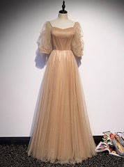 Champagne Tulle Square Puff Sleeve Pearls Prom Dresses