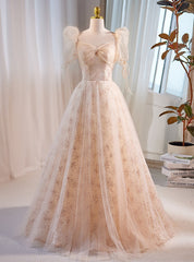 Champagne Tulle Square Puff Sleeve Prom Dresses