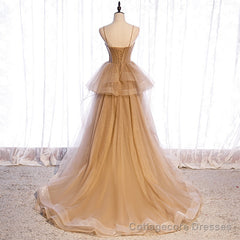 Champagne Tulle Sweetheart Straps Long Ball Gown Prom Dresses, Champagne Party Dresses