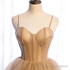 Champagne Tulle Sweetheart Straps Long Ball Gown Prom Dresses, Champagne Party Dresses