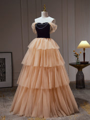 Champagne Tulle Tiers Beading Prom Dresses