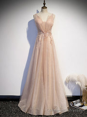 Champagne Tulle V-neck Beading Sequins Prom Dress