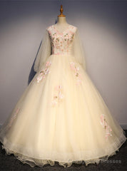 Champagne Tulle V-neck Long Sleeve Appliques Beading Quinceanera Dress