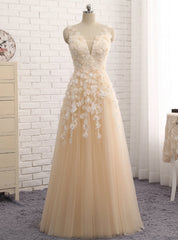 Champagne Tulle V-neck See Through Back Appliques Prom Dresses