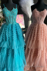 Periwinkle Lace Sweetheart Tiered Long Prom Dress with Ruffles