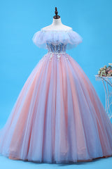 Charming Blue and Pink Tulle Off Shoulder Sweet 16 Dresses with Lace, Ball Gown Formal Dresses