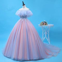 Charming Blue and Pink Tulle Off Shoulder Sweet 16 Dresses with Lace, Ball Gown Formal Dresses