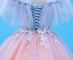 Charming Blue and Pink Tulle Off Shoulder Sweet 16 Dresses with Lace, Ball Gown Formal Dresses