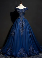 Charming Blue Off the Shoulder Long Sweet 16 Dresses, Handmade Party Gown