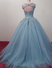 Charming Blue Tulle Long Ball Gown Sweet 16 Dresses with Lace, Formal Gown