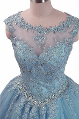 Charming Blue Tulle Long Ball Gown Sweet 16 Dresses with Lace, Formal Gown