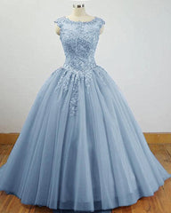 Charming Blue Tulle Long Ball Gown Sweet 16 Dresses with Lace, Formal Gown