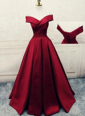 Charming Dark Red Satin A-line Off Shoulder Gown, Prom Dresses